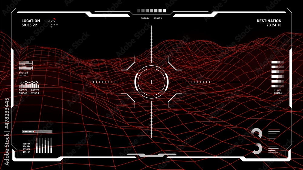 Aufkleber HUD futuristic monitor screen interface of target aim control vector design. Vr head up display dashboard or Sci Fi game ui control panel with digital target crosshair, red hologram map and graphics