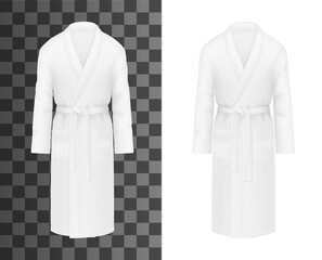 White bathrobe, realistic clothes of bath robe gown, vector mockup. Hotel and spa apparel template, shower robe of white soft cotton with belt, front man or woman wear on transparent background - obrazy, fototapety, plakaty