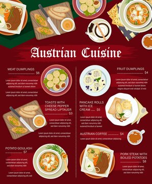 Austrian cuisine vector menu with meat food dishes, desserts and coffee drinks. Pork and fruit dumplings, potato goulash and meat steak, crepe rolls with jam, latte and toast with cheese pepper spread