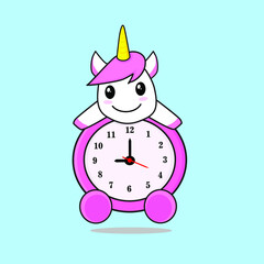 Unicor alarm. unicorn clock.unicorn alarm clock pink, cute and adorable pink alarm clock vector design illustration wallpaper background, rainbow pink and white.