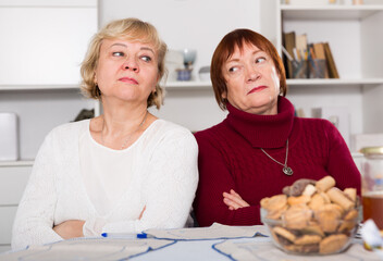 Two offended senior women dont speaking after quarrel at home - obrazy, fototapety, plakaty