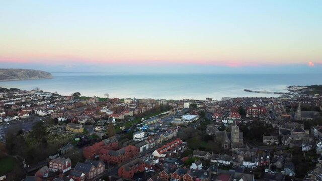 Aerial view of the bay and pier in Swanage Town on the coast of Dorset