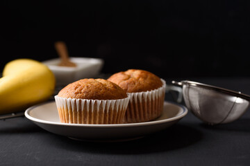 Healthy breakfast banana cake on black background