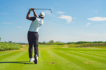 Asian man golfing on the course in summer - obrazy, fototapety, plakaty