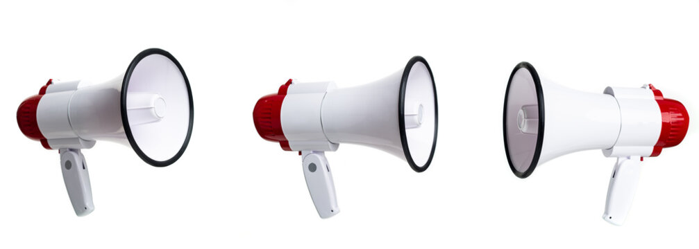 Red and white megaphone isolated on white background with clipping path