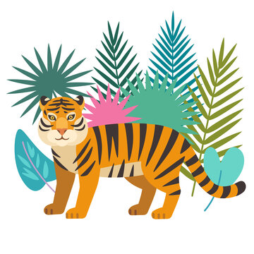 Cute wild tiger in jungle isolated on white background. Vector illustration. 