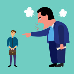 Fototapeta na wymiar Angry boss yelling at mail employee in office concept vector illustration.