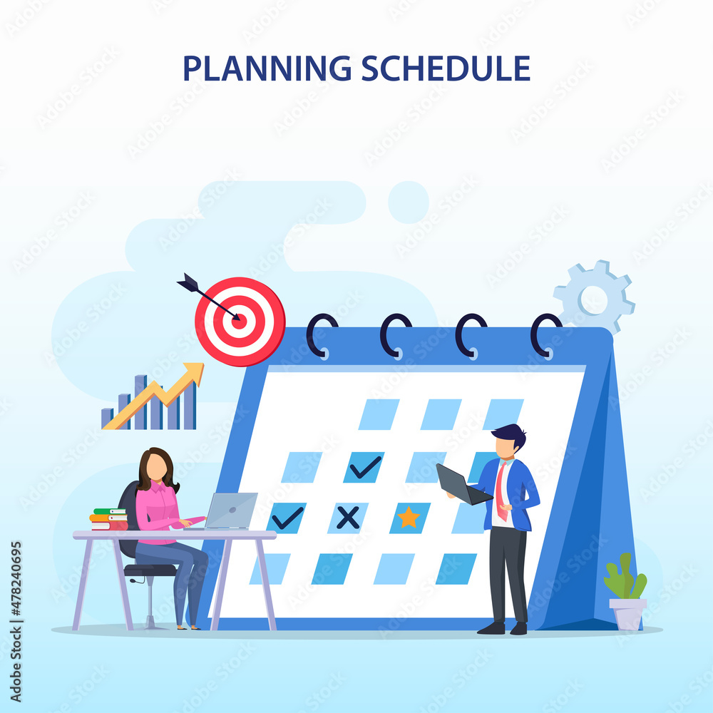 Poster planning schedule concept, people filling out the schedule on a giant calendar, work planning, work 