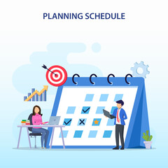 Planning Schedule concept, People filling out the schedule on a giant calendar, work planning, work in progress. Flat vector template style Suitable for Web Landing Pages.