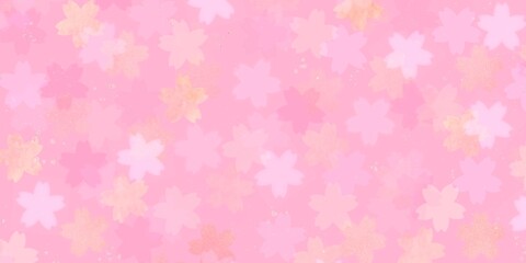 春の和風テンプレート）ボケライト風の桜の花柄と金色のグリッター・ピンク　横長バナー　花見　植物