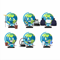 Cleaning service globe ball cute cartoon character using mop