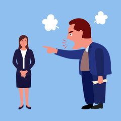Obraz premium Angry boss yelling at female employee in office concept vector illustration.