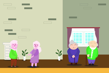 illustration of a group of grandparents in a nursing home chatting and chatting with their partners