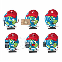 Ghost hunter cartoon globe ball character using camera