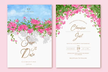 Fototapeten Set of wedding invitation with hand drawn watercolor spring pink bougainvillea flower background © cocomomo
