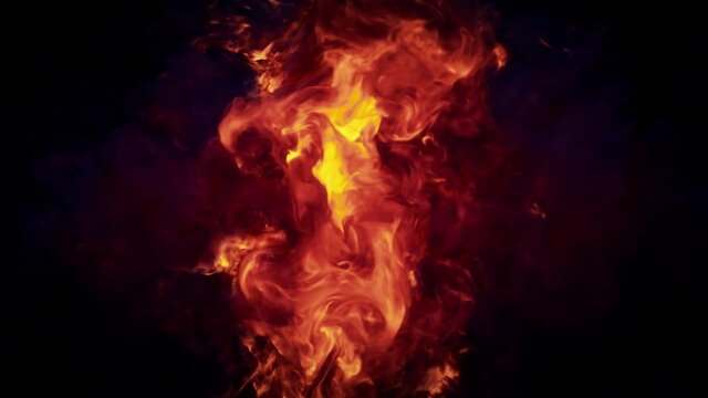 Two fireballs enter the frame from opposite sides and collide in the center in slow motion before dissipating completely on an alpha channel background.