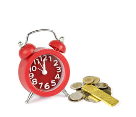 Red alarm clock in the morning at 8am. and money,gold isolated on white background. Concept working time and saving money. 