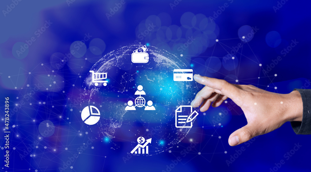 Poster businessman creates a virtual icon global internet connection metaverse internet connection applicat