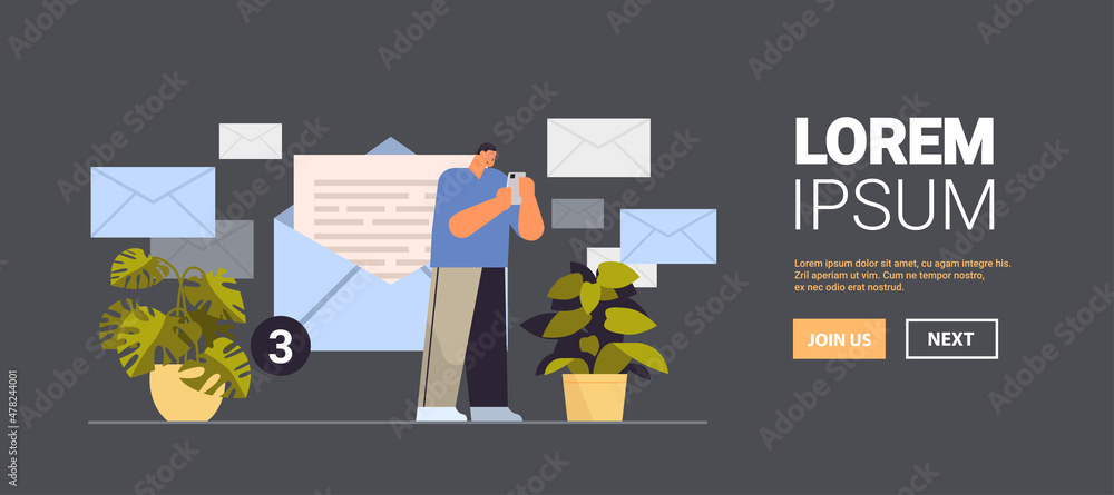 Poster businessman sending or receiving letters on smartphone email inbox message notification new unread m