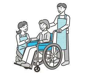 車椅子に乗るシニアと男性の介護福祉士(看護師）のベクターイラスト素材／車いす／介護／怪我／福祉／ヘルパー