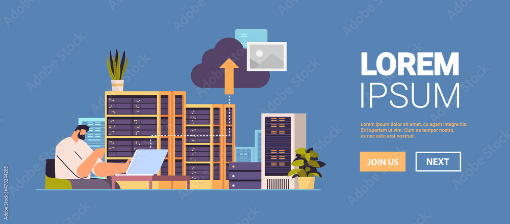 Poster man working in data center technical room hosting server database concept horizontal portrait