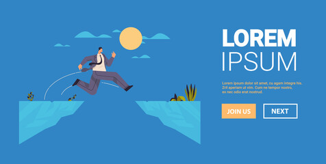 businessman jumping over cliff gap mountain business risk success challenge courage determination motivation