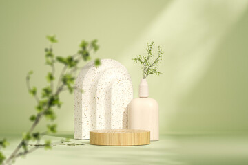 Minimal scene with wooden product display podium with nature leaves. Pastel green and white colors scene. Trendy 3d render for social media banners, promotion, cosmetics. 
