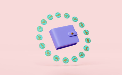 wallet with dollar coins saving money concept isolated on pink background. 3d illustration or 3d render