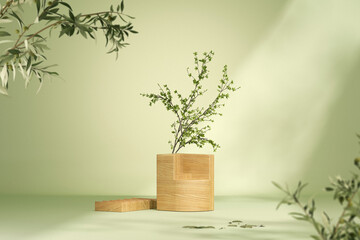Minimal scene with wooden product display podium with nature leaves. Pastel green and white colors scene. Trendy 3d render for social media banners, promotion, cosmetics. 
