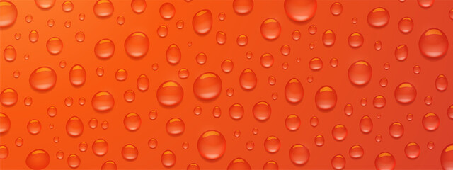 Texture of water droplets on red background. Vector realistic illustration of condensation of steam, vapor or fog on wet red surface, clear aqua drops from dew or rain