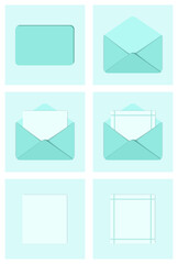 Vector document icon set of envelop in light blue color. There are opened, covered, blank page, paper, letter icons. This icon can use for letter, document, massage, greetings, themes and concept.