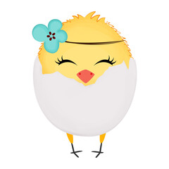 Cute baby chick in eggshell. Easter vector illustration.