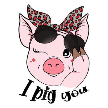 Cute piggy with bow and heart glasses. I pig you. Vector.