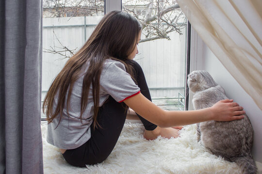 The child is resting on the windowsill and looking out the window with a lop-eared cat. Lazy weekend with the cat at home.