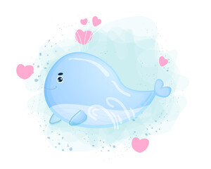 Cute blue whale with hearts. valentine cute element