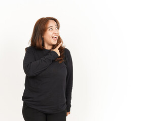 Pointing Aside Of Beautiful Asian Woman Wearing Black Shirt Isolated On White Background