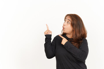 Pointing Aside Of Beautiful Asian Woman Wearing Black Shirt Isolated On White Background