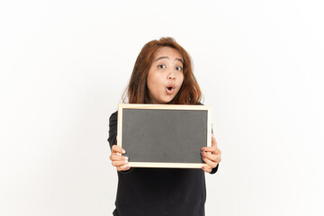 Showing, Presenting and holding Blank Blackboard Of Beautiful Asian Woman Wearing Black Shirt