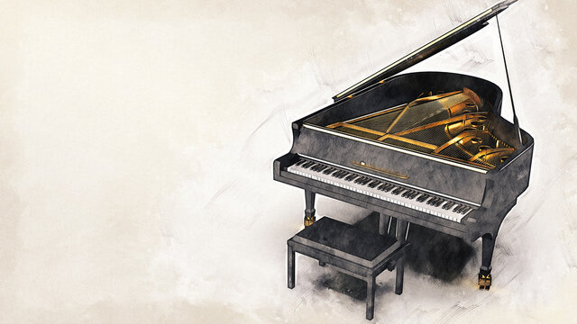 Black-Gold Grand Piano illustration combined pencil sketch and watercolor sketch under white background. Concept image of Classic concert ticket. 3D illustration. 3D high quality rendering. 3D CG.