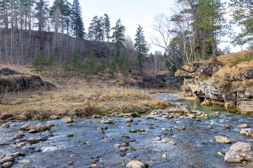autumn morning, walking along the bed of a mountain river that has become shallow by the beginning...