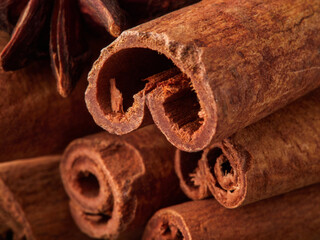 Star anise and cinnamon stick isolated on white background, top view