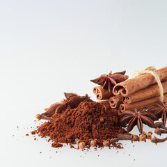 Star anise and cinnamon stick isolated on white background, top view