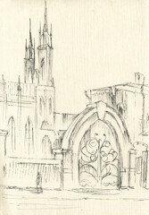 gate with arch and cathedral sketch 