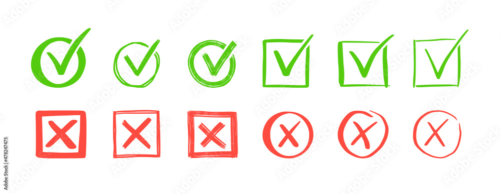 Aufkleber Green check and red cross mark set. Hand drawn doodle sketch style. Vote, yes, no drawn concept. Checkbox, cross mark with square, circle element. Vector illustration.