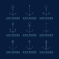 bundle and set of nautical anchor logo simple line art vector illustration design, variation of creative anchor icon symbol