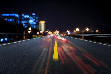 Motion blurred asphalt road and urban street light spot background