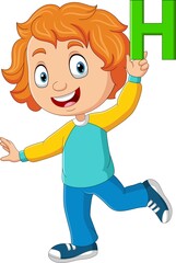 Cute little boy cartoon holding alphabet letter H