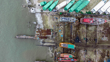 local Shipyard from aerial view with old building and ships on the dock in Na Kluea, Bang la Mung, Chonburi, Thailand - obrazy, fototapety, plakaty