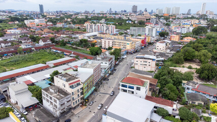 Aerial view of the town of Bang Lamung and Na Kluea seafood market, Chonburi, Thailand.