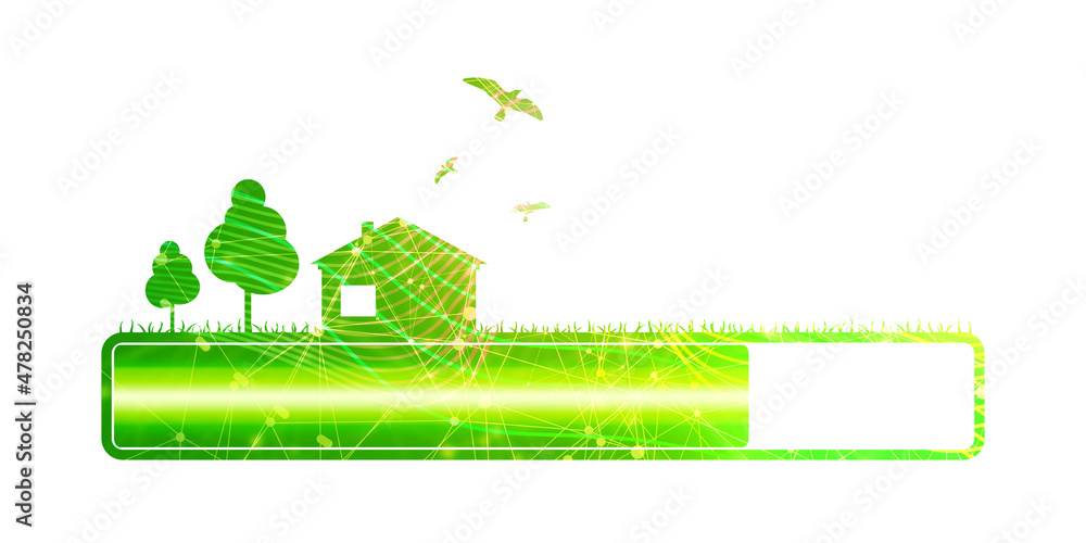 Poster progress or loading bar with trees and house